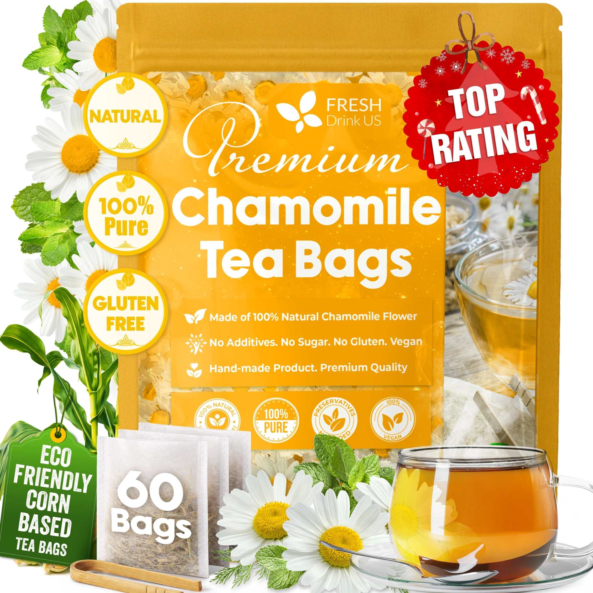 Premium chamomile tea bags package in yellow with natural chamomile flowers and a glass cup of brewed tea, eco-friendly corn based