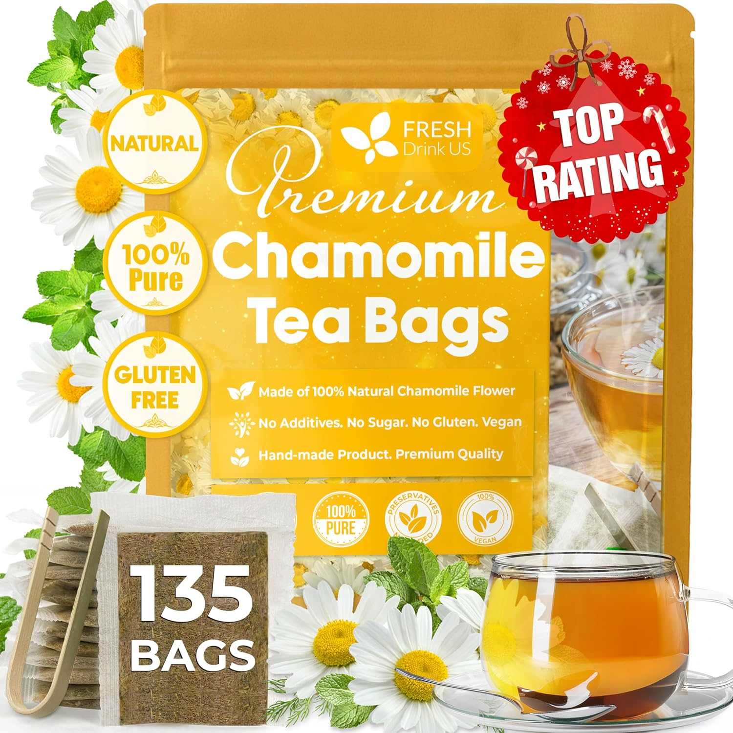 Chamomile Tea Bags premium natural gluten-free 135-count pack with floral design and glass cup of chamomile tea