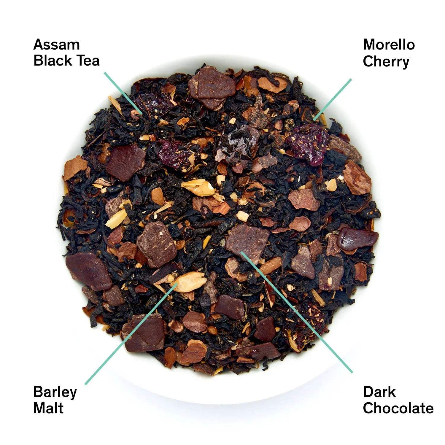 Cherry Chocolate Black Tea loose black leaves with dark chocolate pieces, dried Morello cherry and barley malt