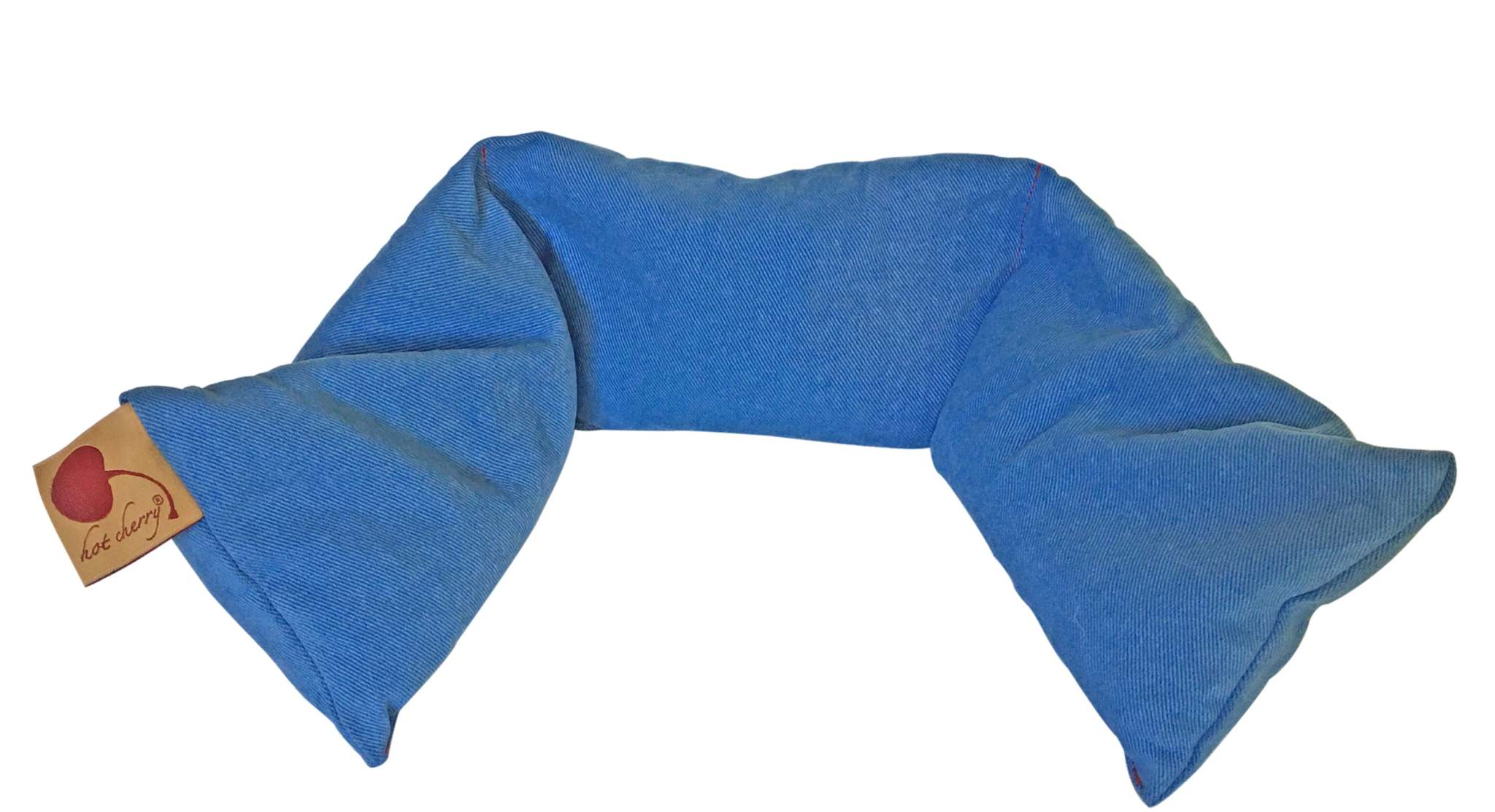 Cherry Ice® Blue Denim neck wrap in blue cotton denim, with a curved shape and three stitched sections