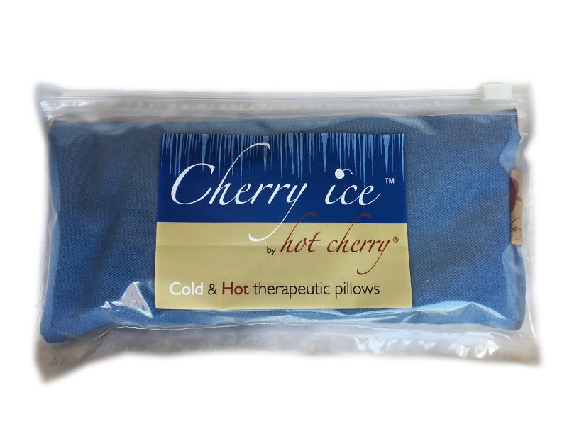 Cherry Ice® Blue Denim Eye Pillow in blue cotton denim, sealed in a clear zip-close freezer bag with a branded label