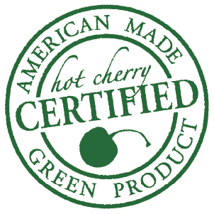 Cherry Ice® Blue Denim product certification seal in green, with circular American-made, green-product text and cherry illustration