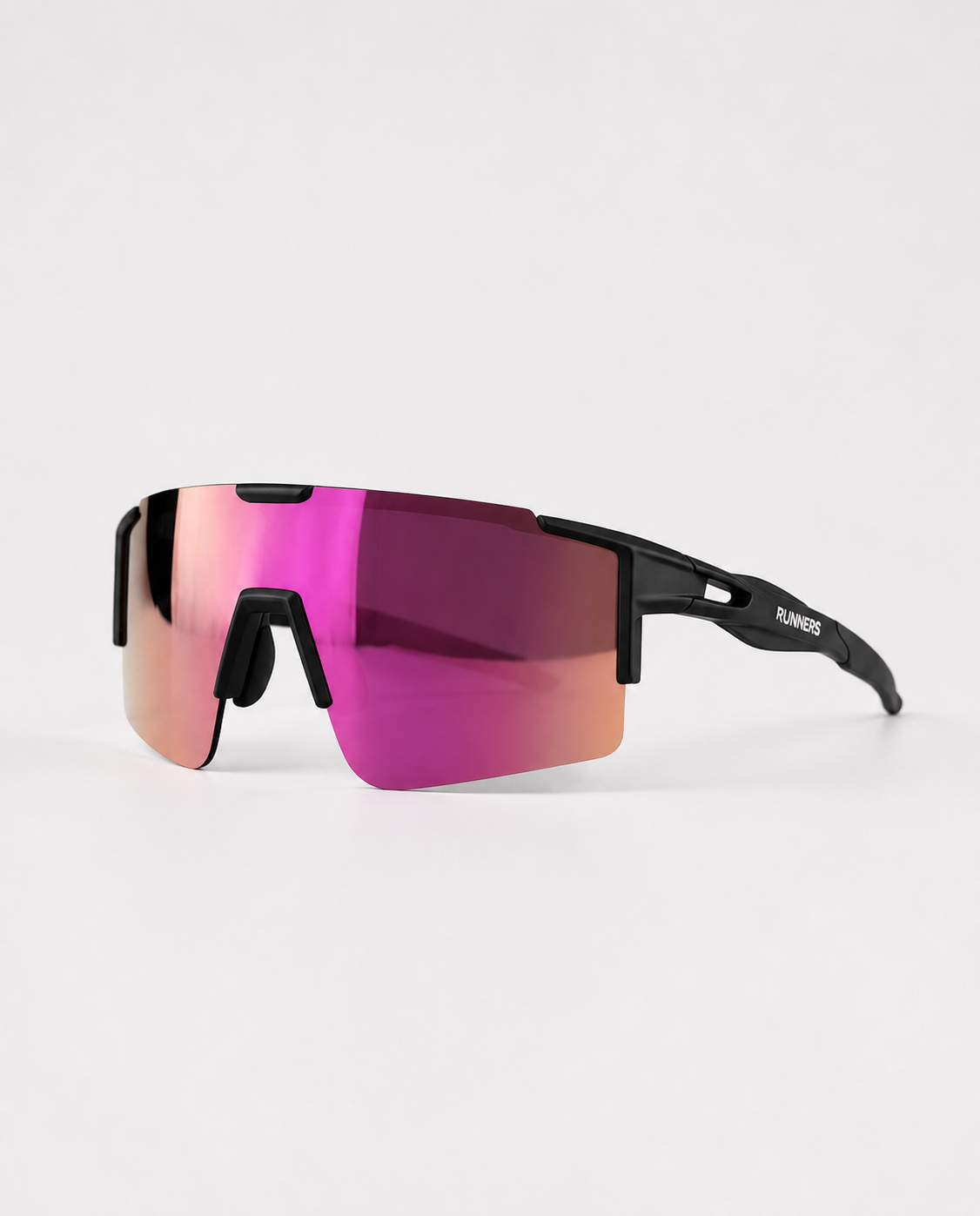 Cherry Pink Polarized Sunglasses with frameless mirrored pink lenses, black TR90 temples and a sporty wraparound shape
