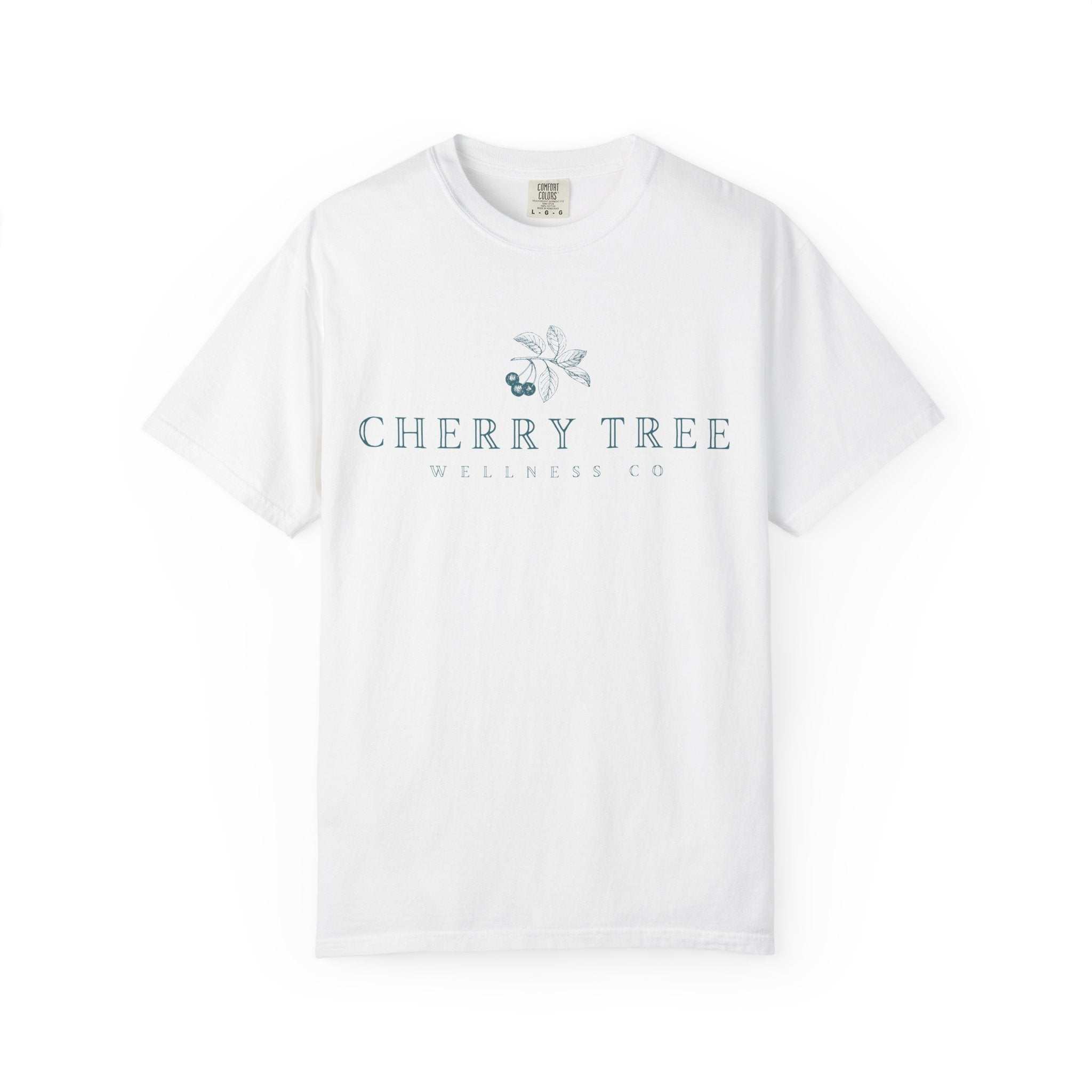 White cotton short-sleeve t-shirt with a relaxed fit featuring a subtle blue printed Cherry Tree Vintage Logo Tee graphic on the chest.