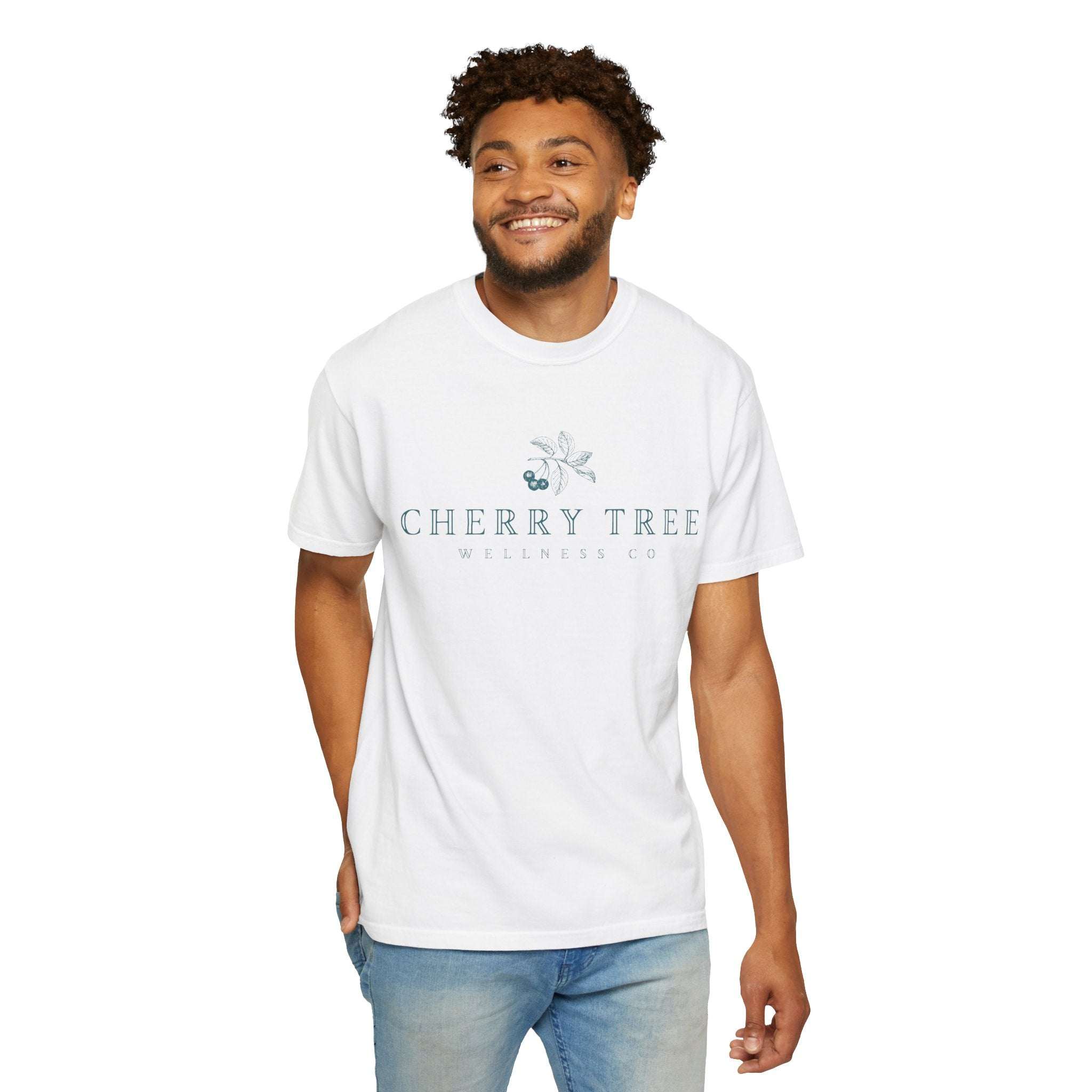 White cotton short-sleeve t-shirt with a relaxed fit and a subtle blue Cherry Tree Vintage Logo Tee print across the chest.