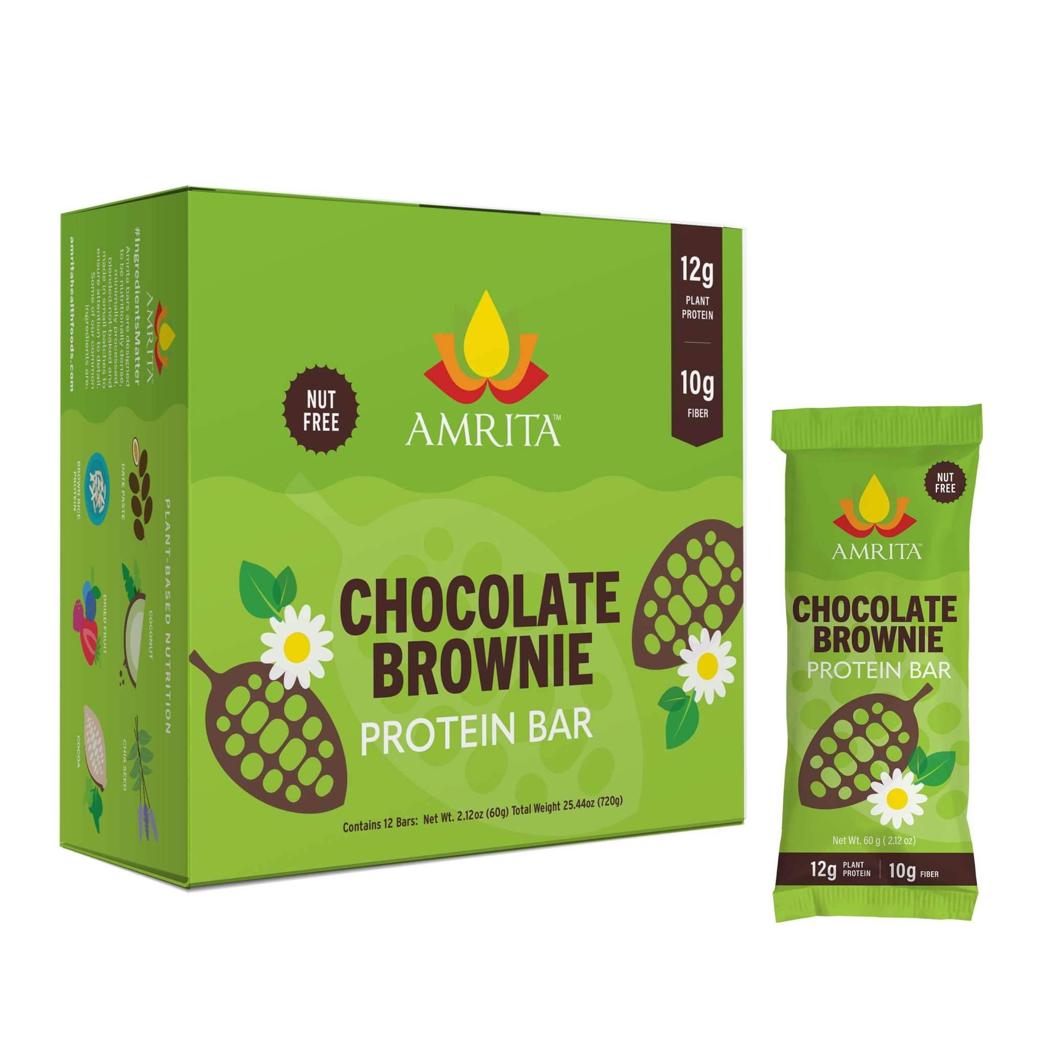 Chocolate Brownie protein bar packaging in bright green, with chocolate-brown lettering, floral graphics, and 12g protein and 10g fiber labels