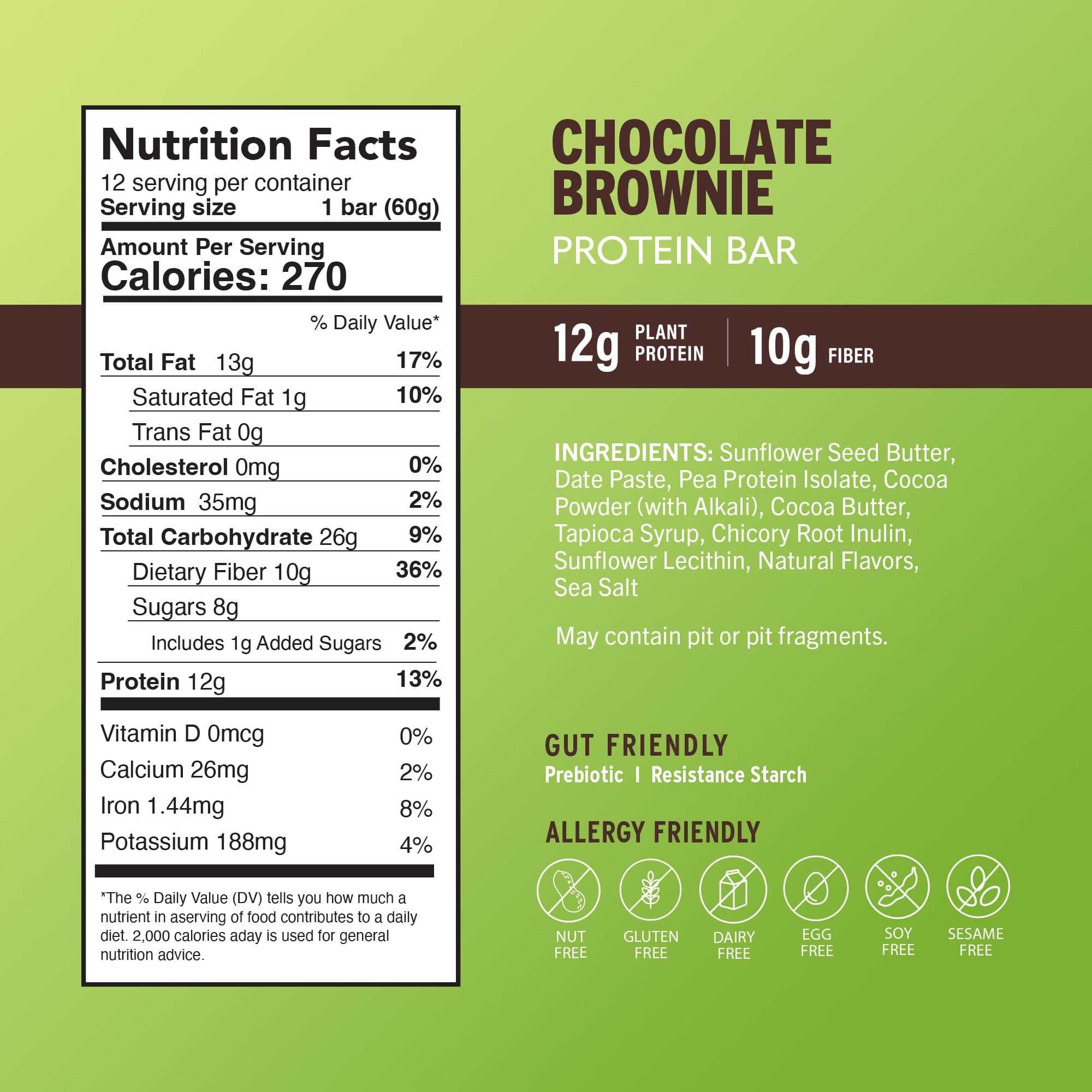 Chocolate Brownie protein bar wrapper in bright green with brown accents, showing 12g protein, 10g fiber and allergen-friendly labels
