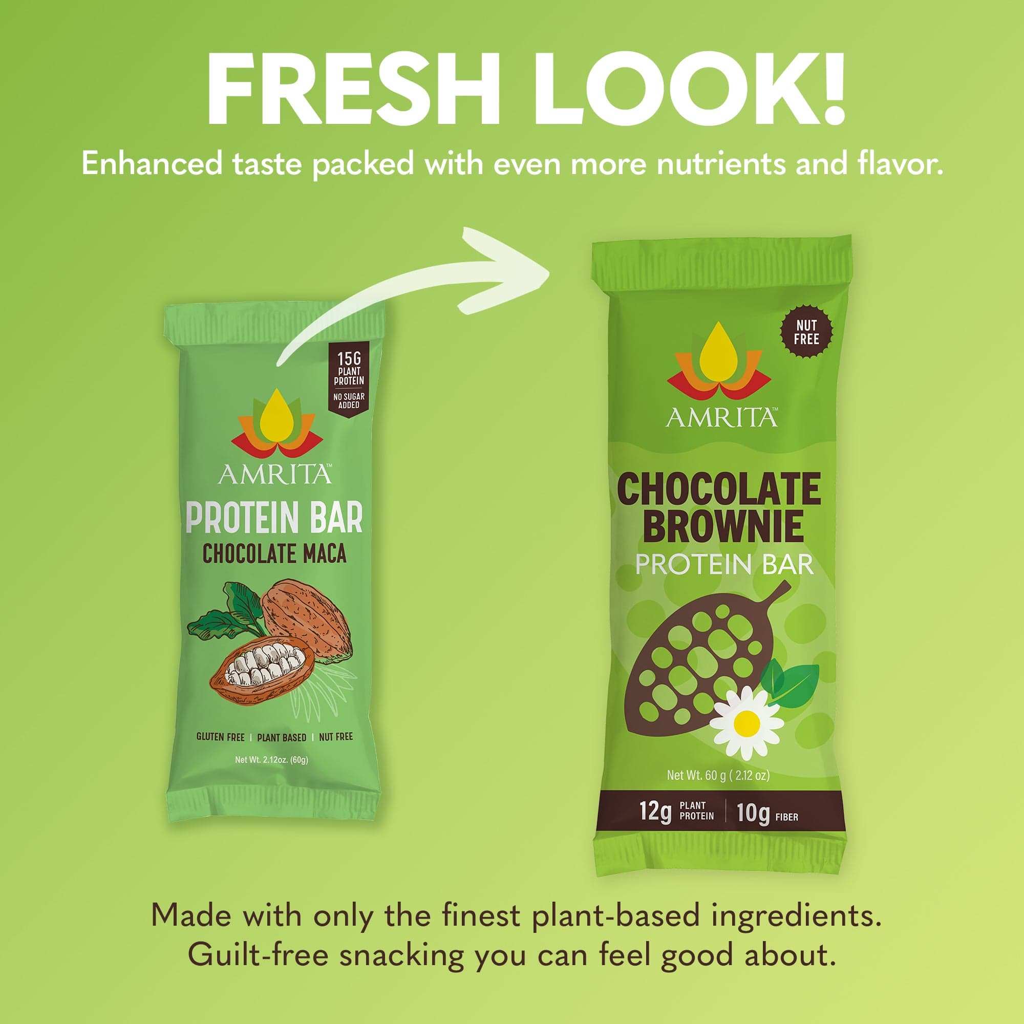 Chocolate Brownie protein bar in a bright green wrapper with cocoa pod artwork, white flower, and plant-based protein label