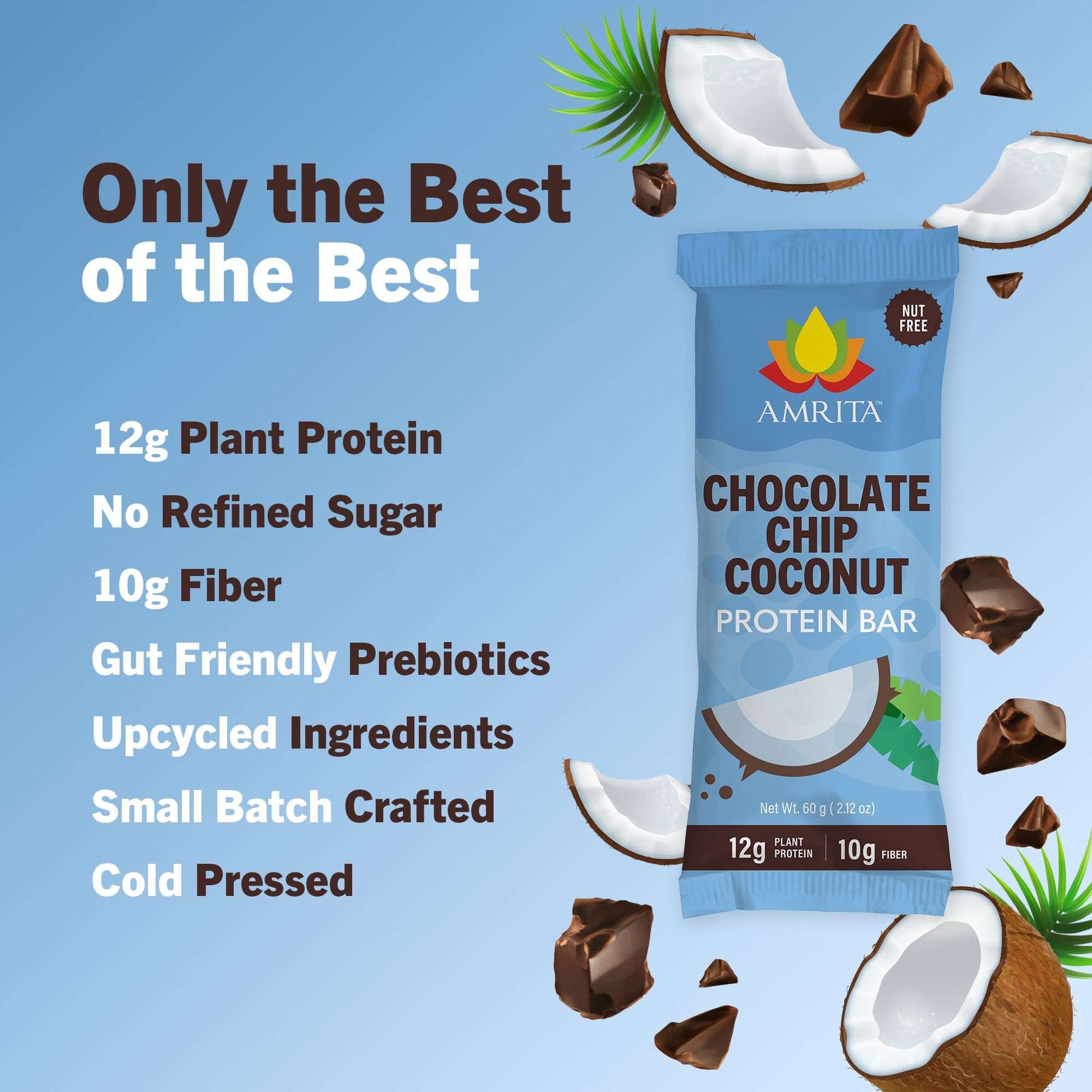Chocolate Chip Coconut protein bar in blue packaging with coconut pieces and chocolate chunks, featuring plant protein and fiber