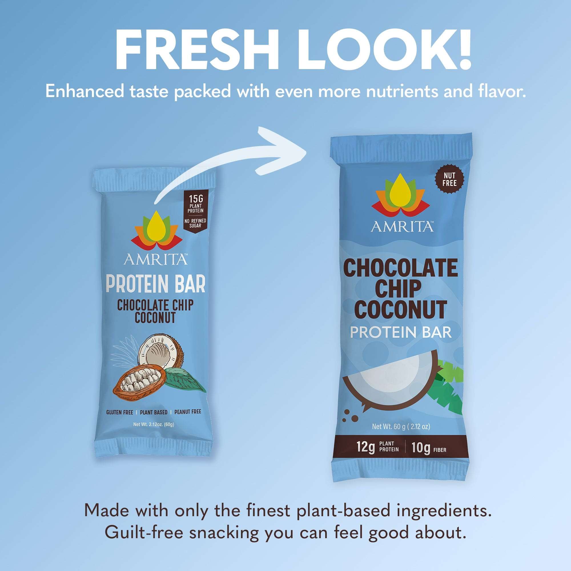 Chocolate Chip Coconut protein bar in a blue wrapper, with bold lettering and coconut and chocolate illustrations.