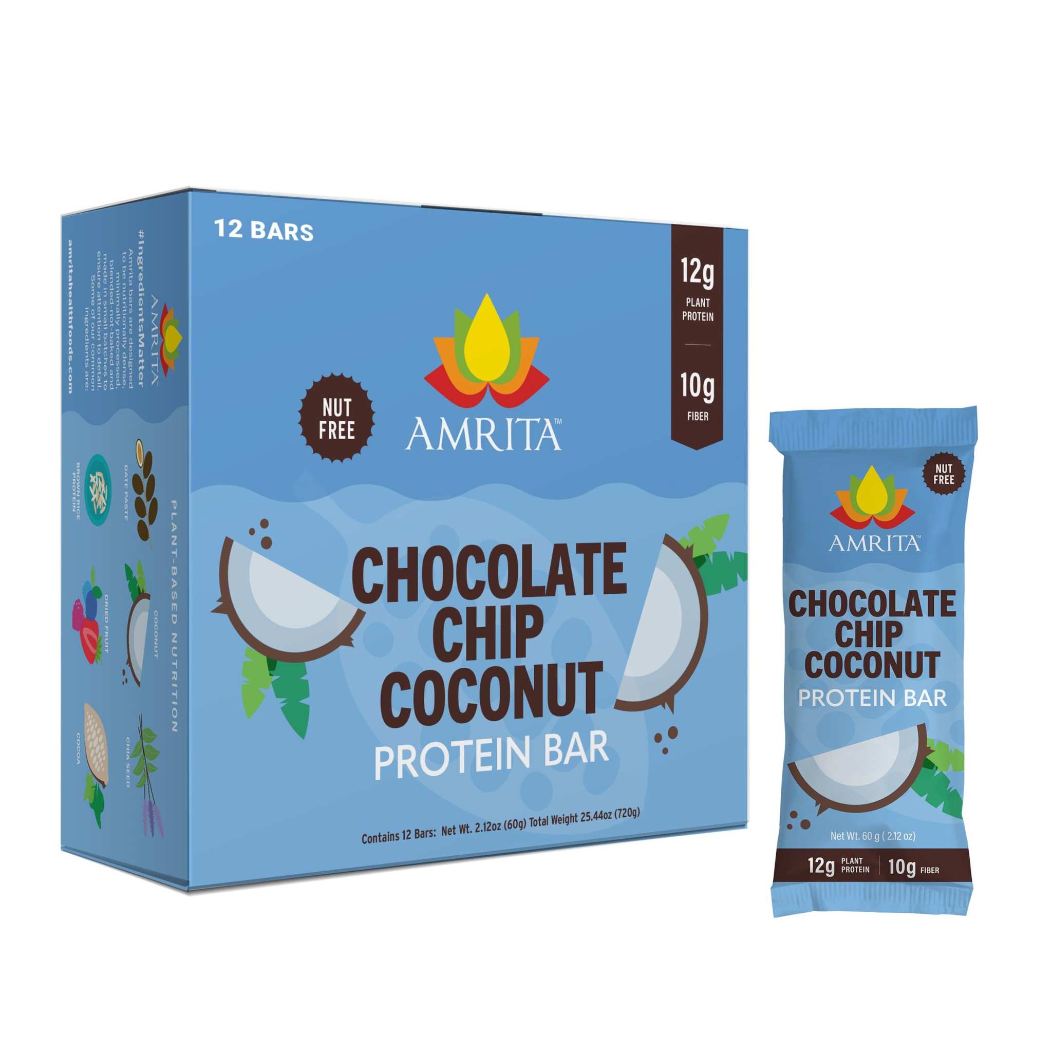Chocolate Chip Coconut protein bar box and individual wrapper in blue packaging, with coconut graphics and nut-free badge