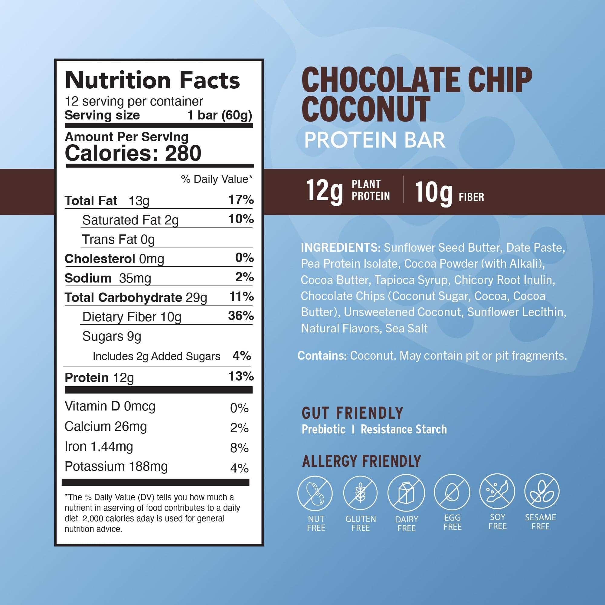 Chocolate Chip Coconut protein bar label in blue and brown with bold lettering, nutrition facts and allergy-friendly icons