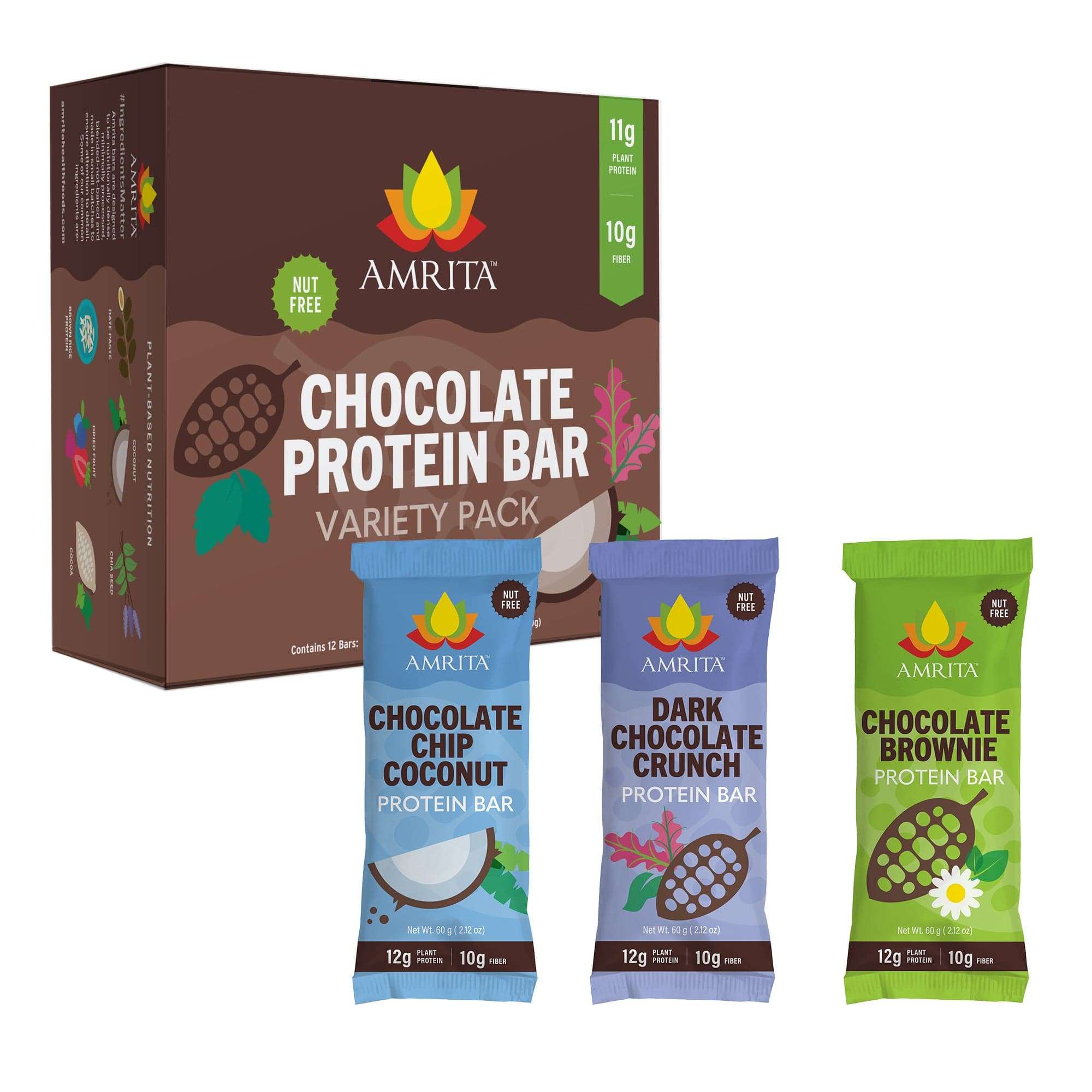 Chocolate Variety Pack with brown, blue, and green protein bar wrappers featuring chocolate chip coconut, dark chocolate crunch, and chocolate brownie flavors