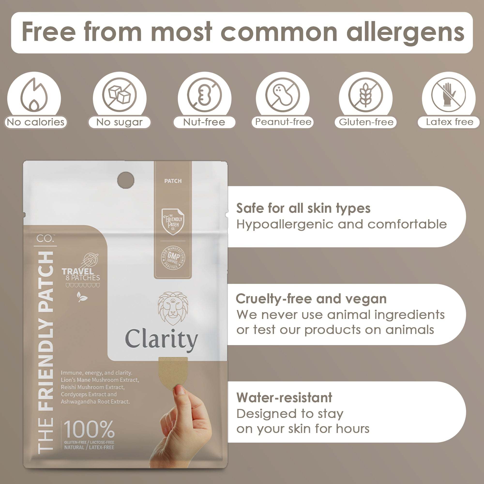 Clarity Focus Patch in beige and white packaging with allergen-free icons and text highlighting hypoallergenic, vegan, and water-resistant features.