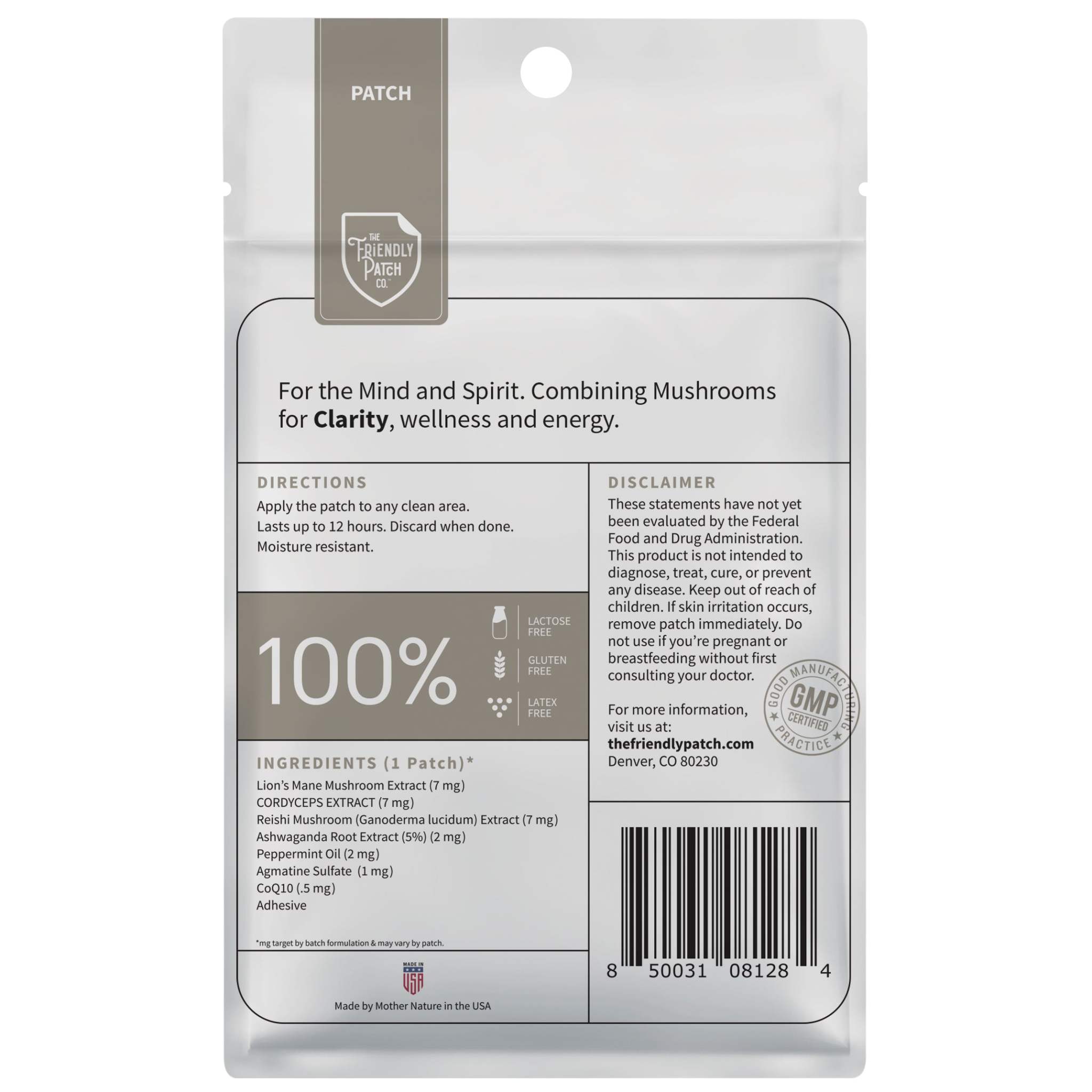 Clarity Focus Patch packaging showing white resealable bag with mushroom blend ingredients and usage directions, wellness support claims visible.