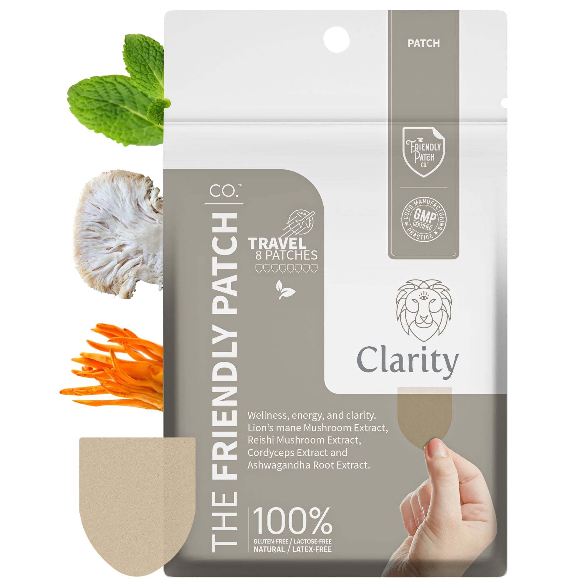 Clarity Focus Patch packaging in white and taupe with botanical mushroom and mint illustrations, showing a hand holding a skin patch.