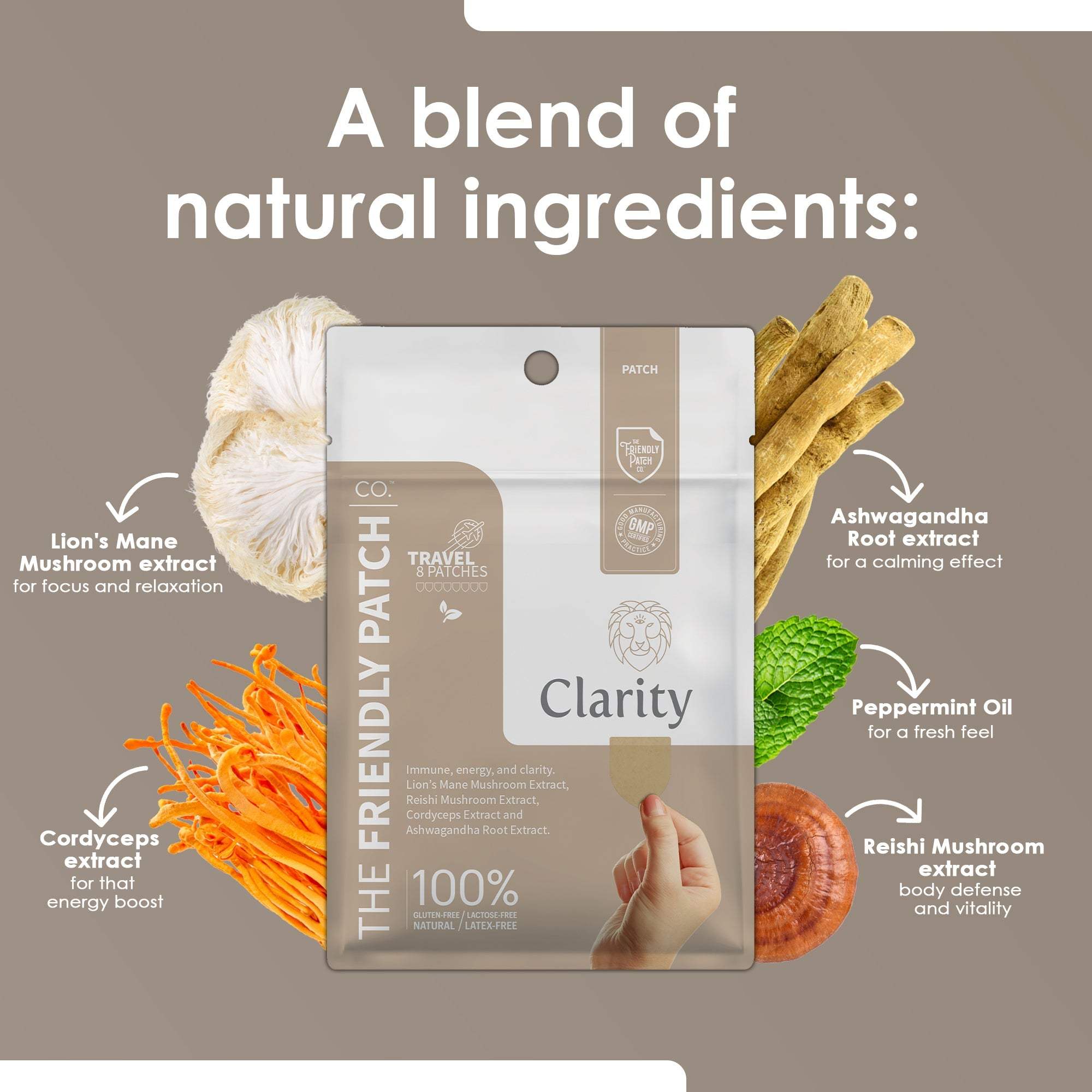 Clarity Focus Patch packaging in beige and white with natural ingredients like Lion's Mane, Cordyceps, Reishi mushrooms, Ashwagandha, and peppermint oil illustrations.