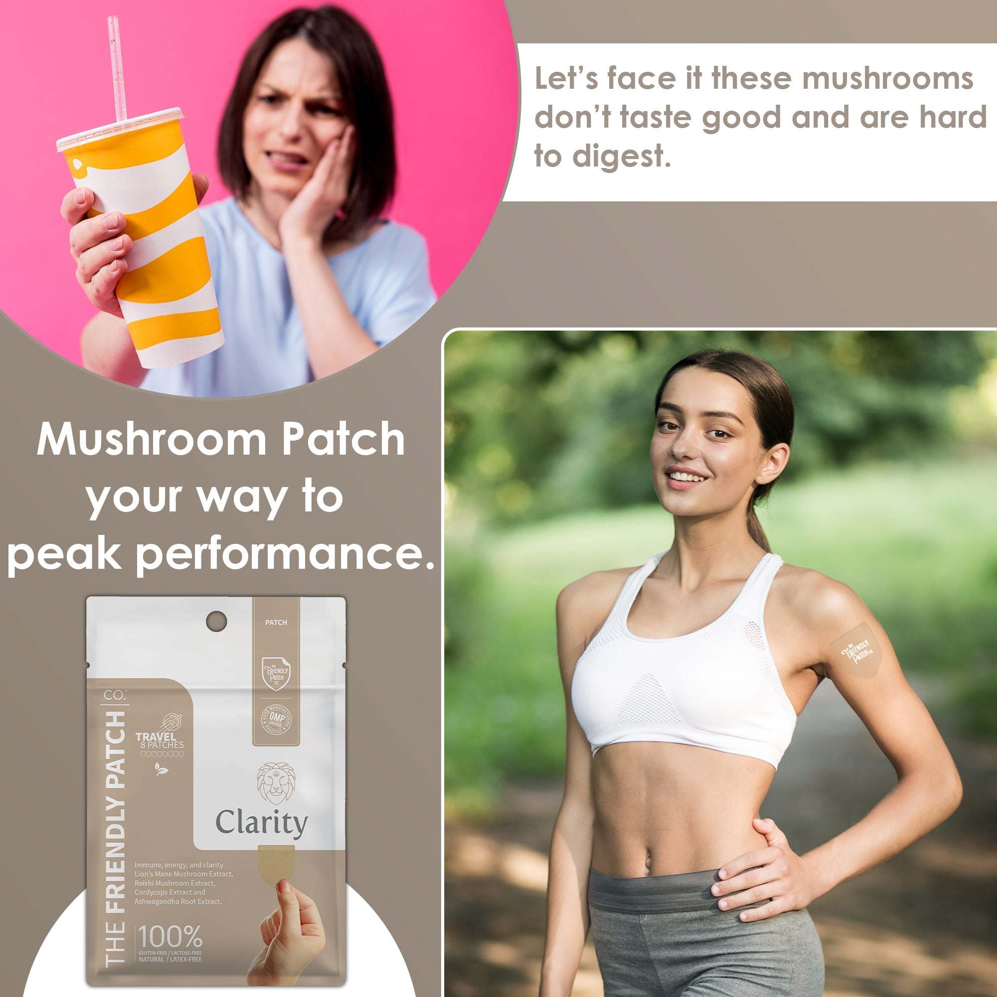 Clarity Focus Patch showing beige adhesive patch on woman's upper arm, alongside packaging with white and beige design and wellness branding.