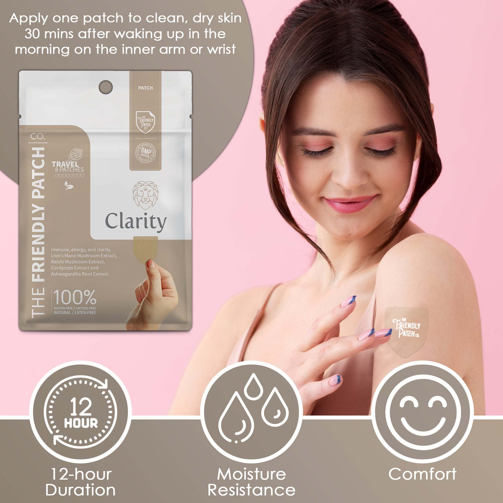 Clarity Focus Patch package with a hand holding a beige patch and a woman applying a patch on her upper arm showing comfort and moisture resistance features
