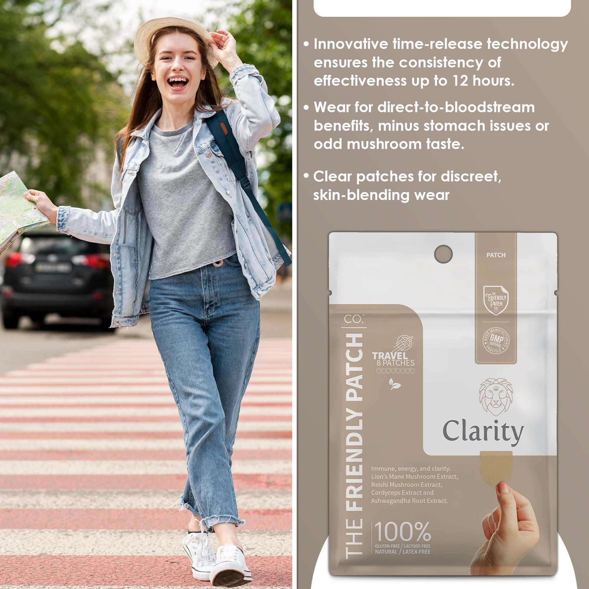 Clarity Focus Patch packaging in beige and white with clear, skin-toned patches and mushroom wellness branding visible on pack.