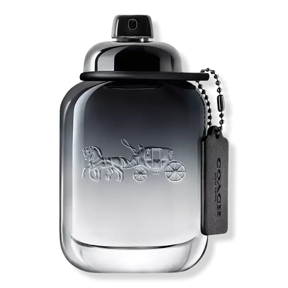 Coach for Men eau de toilette bottle with gradient silver finish and embossed horse-drawn carriage design with black tag detail.