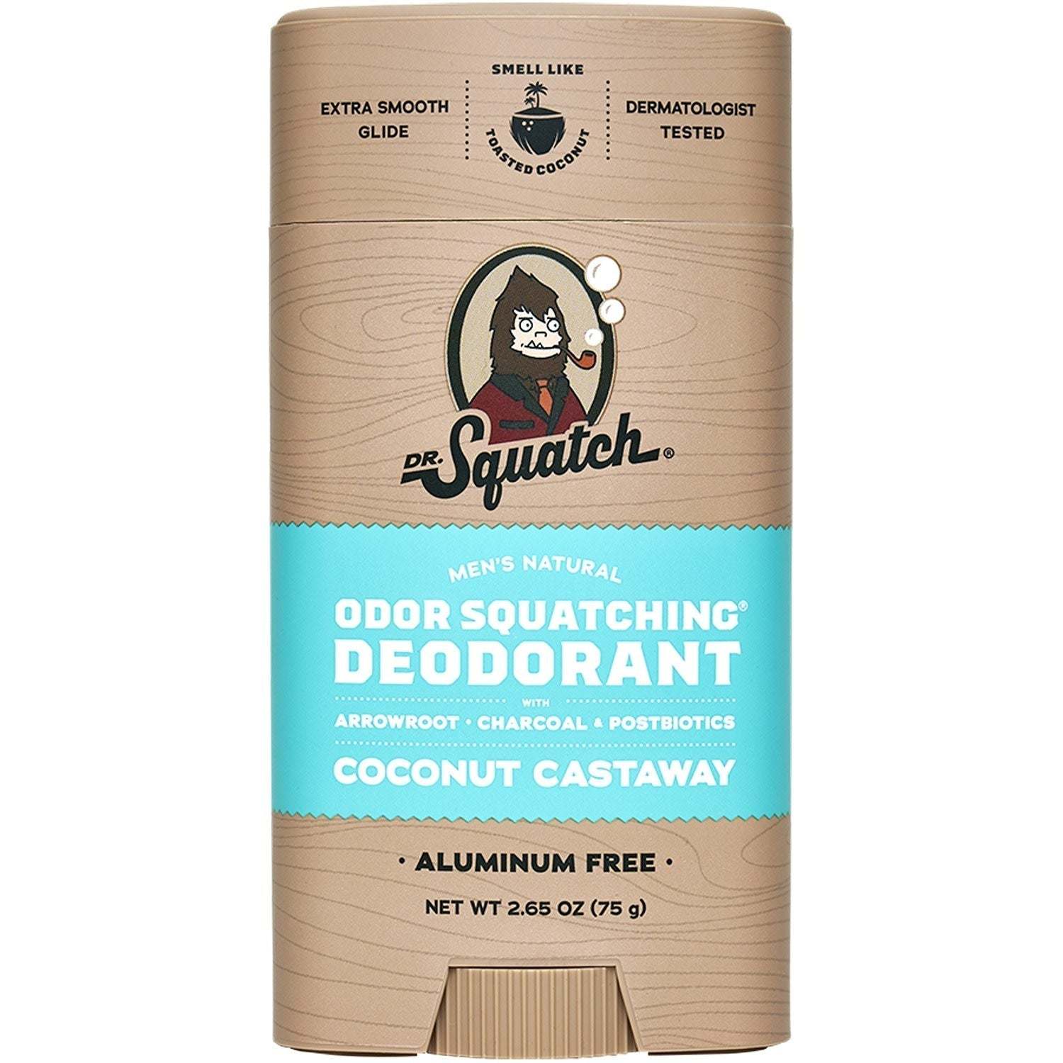 Coconut Castaway Deodorant in a beige and turquoise cardboard container with natural wood texture design and branding details.