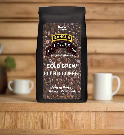 Cold Brew Blend Coffee in a black resealable pouch with coffee bean graphics and white lettering on the label
