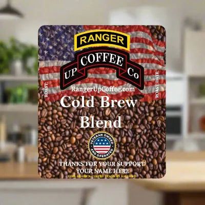 Cold Brew Blend Coffee bag with patriotic flag graphics, brown coffee bean pattern, and Ranger Up Coffee branding