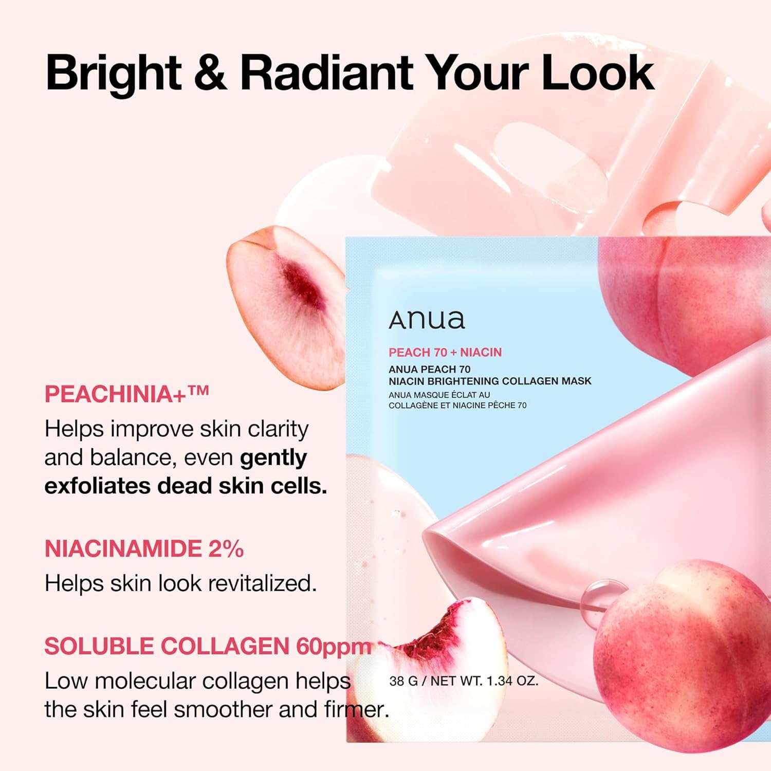 Collagen mask in a blue package, featuring peach imagery and brightening niacinamide and collagen details