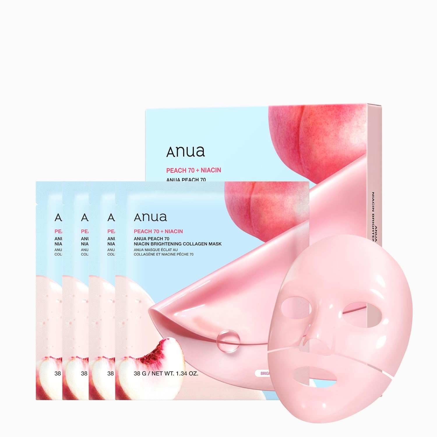 collagen mask four-piece set with pink peach-themed packaging and a glossy pale pink facial mask sheet