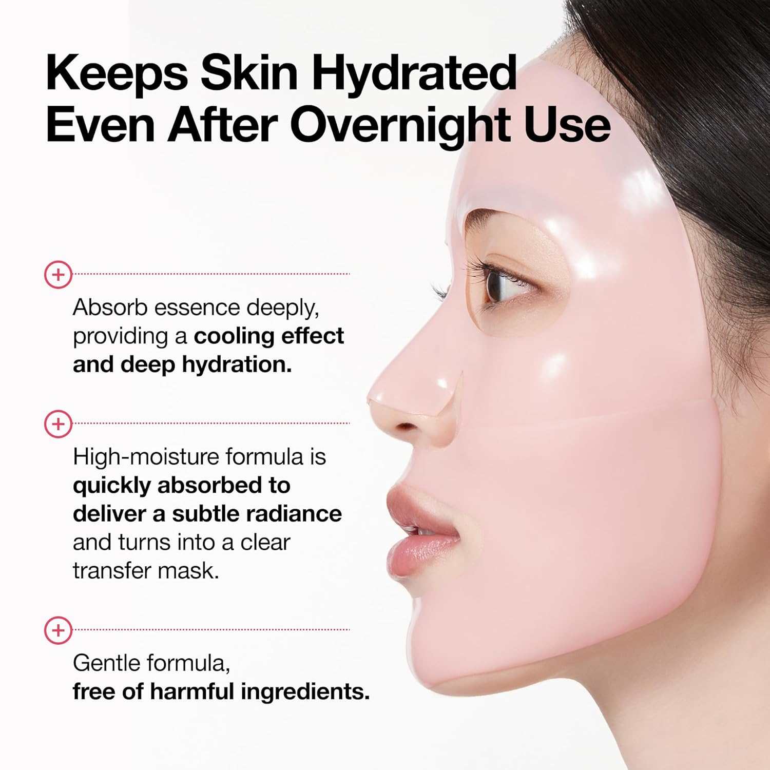 Collagen mask with a translucent pink gel texture, shown smoothing over the face for overnight hydration and radiance