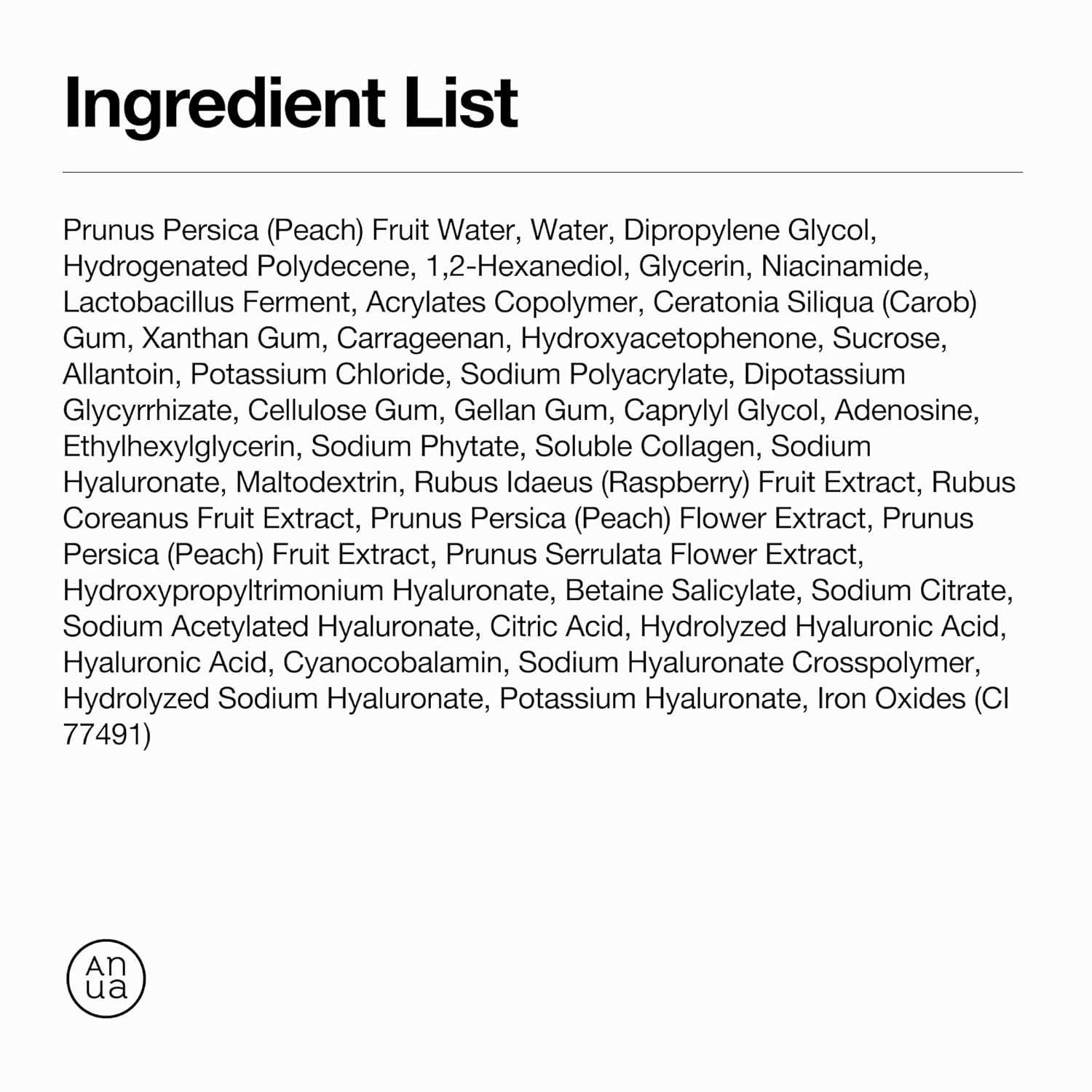 Ingredient list panel for ANUA Peach 70 Niacin collagen mask, featuring peach extracts and hyaluronic acid details