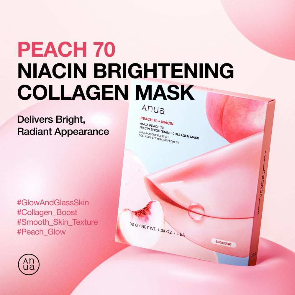 Collagen mask in pink Peach 70 Niacin Brightening packaging with a glossy sachet and fruit-inspired design