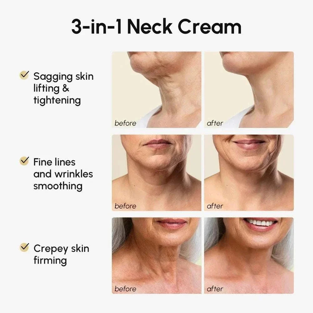 Collagen Neck Firming Cream infographic showing before-and-after neck and décolletage results for sagging skin, wrinkles, and crepey skin