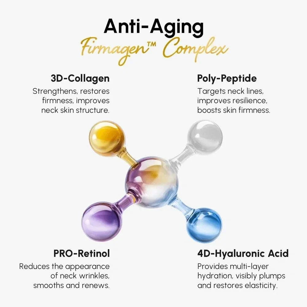 Collagen Neck Firming Cream label features a colorful molecular graphic and anti-aging claims for collagen and peptides