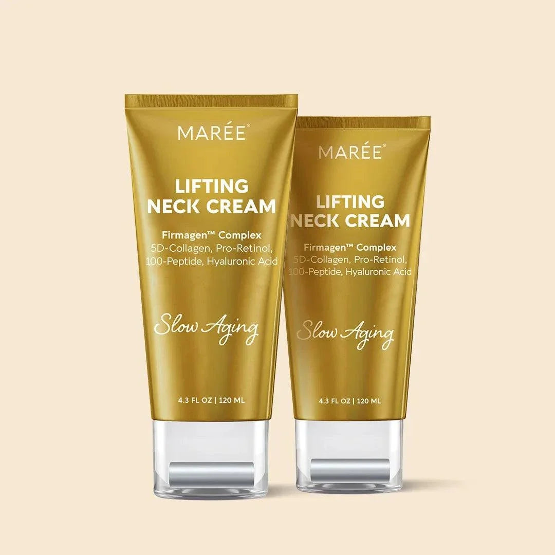 Collagen Neck Firming Cream in two gold tubes, labeled Marée Lifting Neck Cream with clear silver pump caps