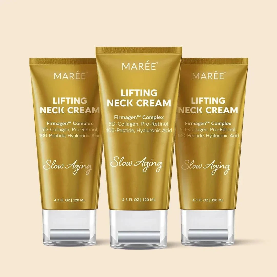 Collagen Neck Firming Cream in three gold MARÉE tubes with white caps and lifting neck cream labels