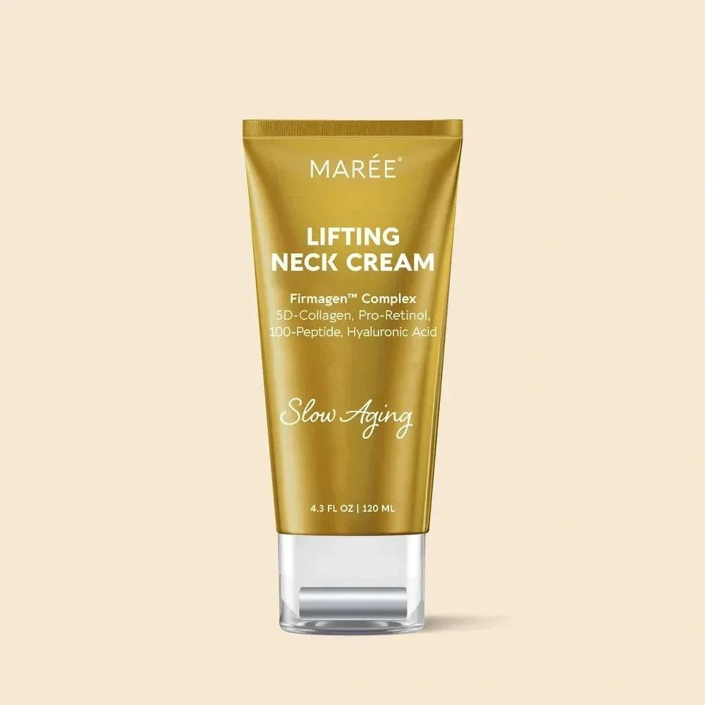 Collagen Neck Firming Cream in a metallic gold tube with white lettering and a clear pump base
