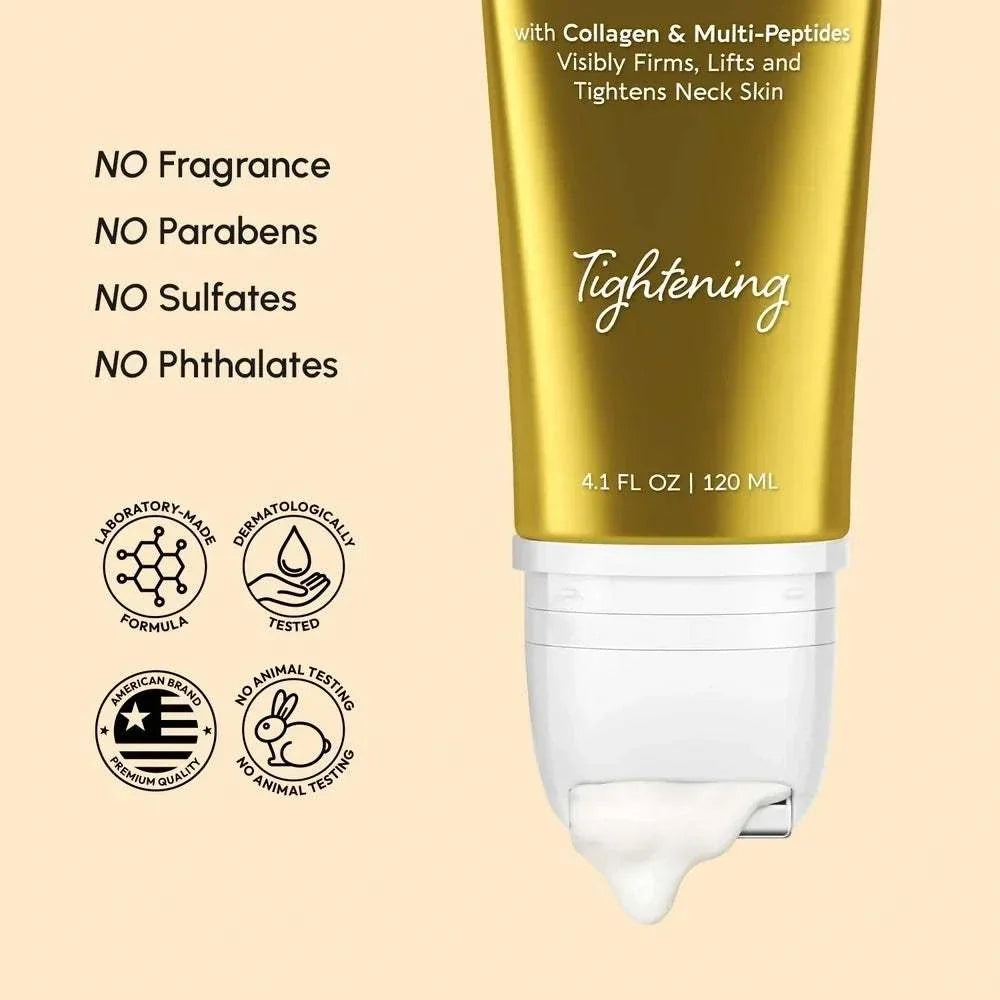 Collagen Neck Firming Cream in a gold tube with white massager applicator and Tightening label