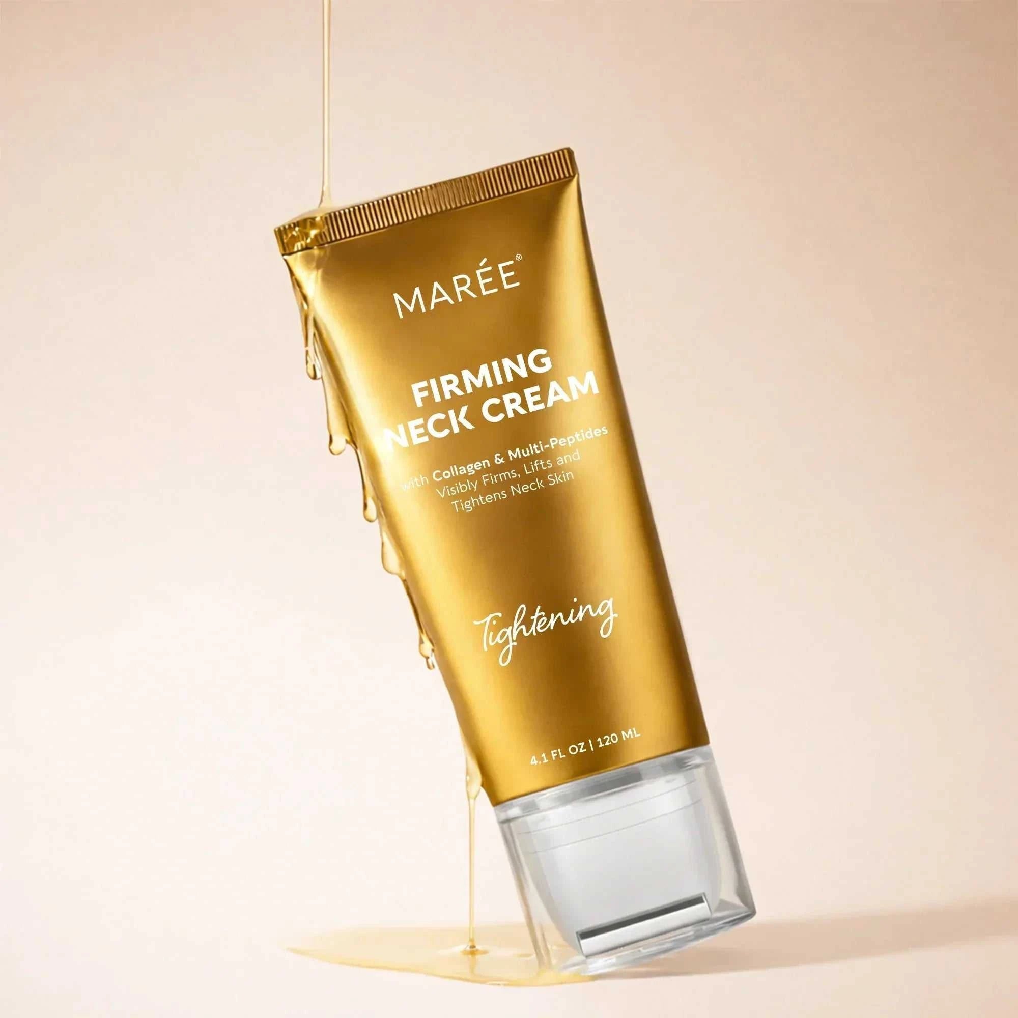 Collagen Neck Firming Cream in a metallic gold tube with white lettering and a clear angled massager applicator