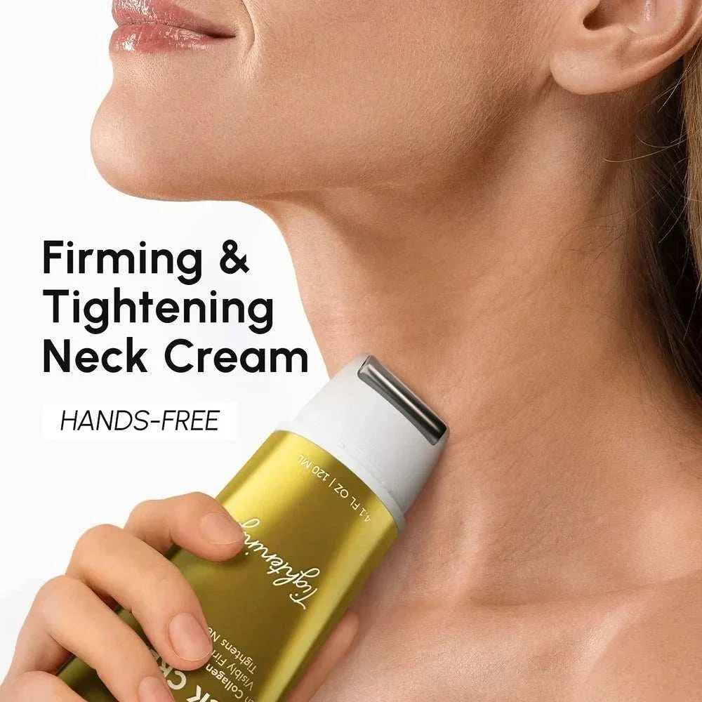Collagen Neck Firming Cream in a gold tube with silver massager tip, held against a woman's neck