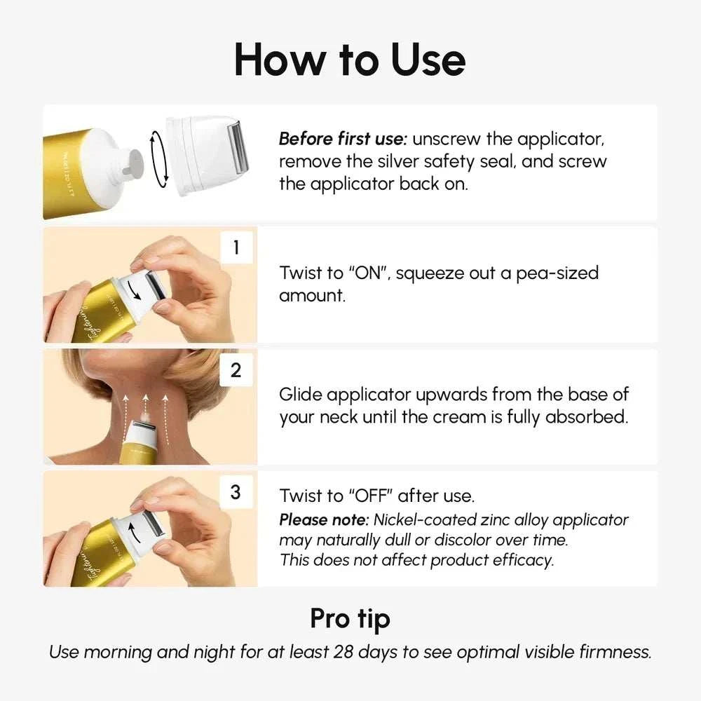 Collagen Neck Firming Cream shown with gold and white packaging, a screw-on applicator and neck massage directions