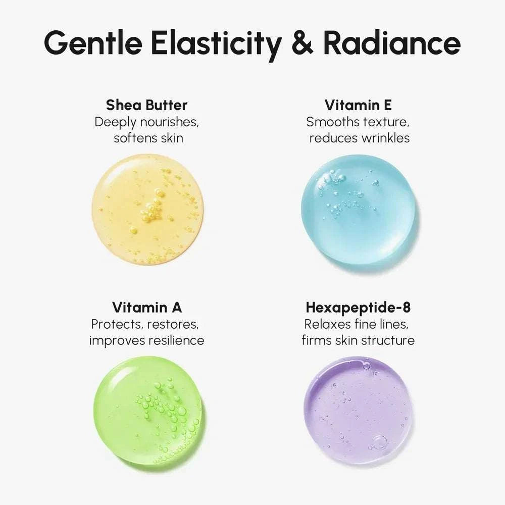 Collagen Neck Firming Cream ingredients graphic showing yellow shea butter, blue vitamin E, green vitamin A, and purple hexapeptide-8 swatches