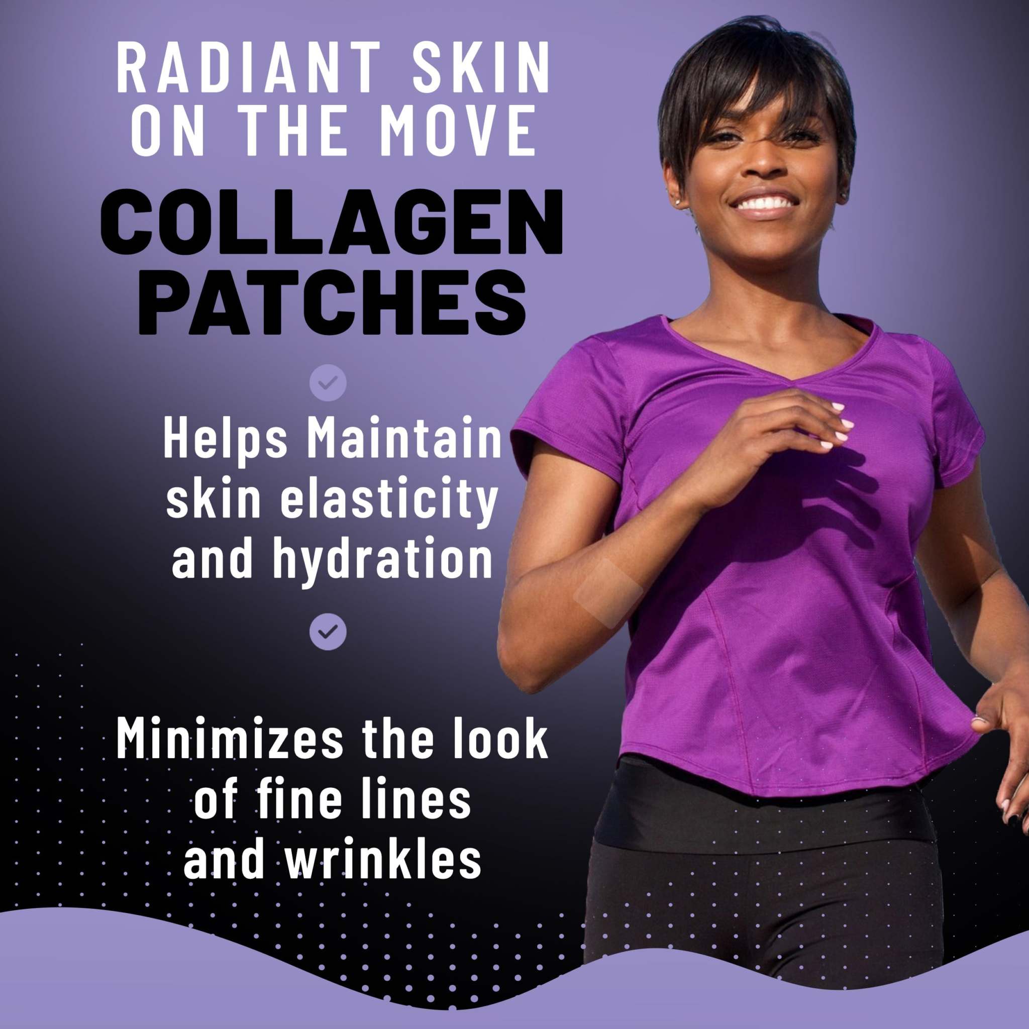 Collagen Patches featuring a purple package design, bold white text, and skin hydration and elasticity benefits
