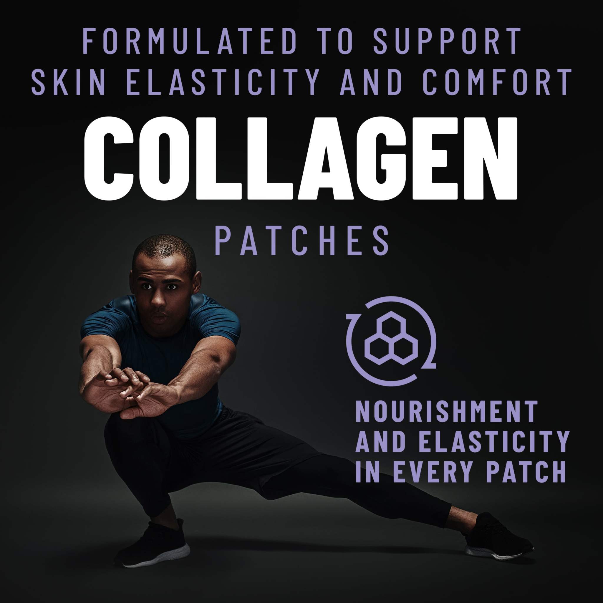 Collagen Patches product graphic with purple and white text, featuring a stretching athlete and nourishment icon.