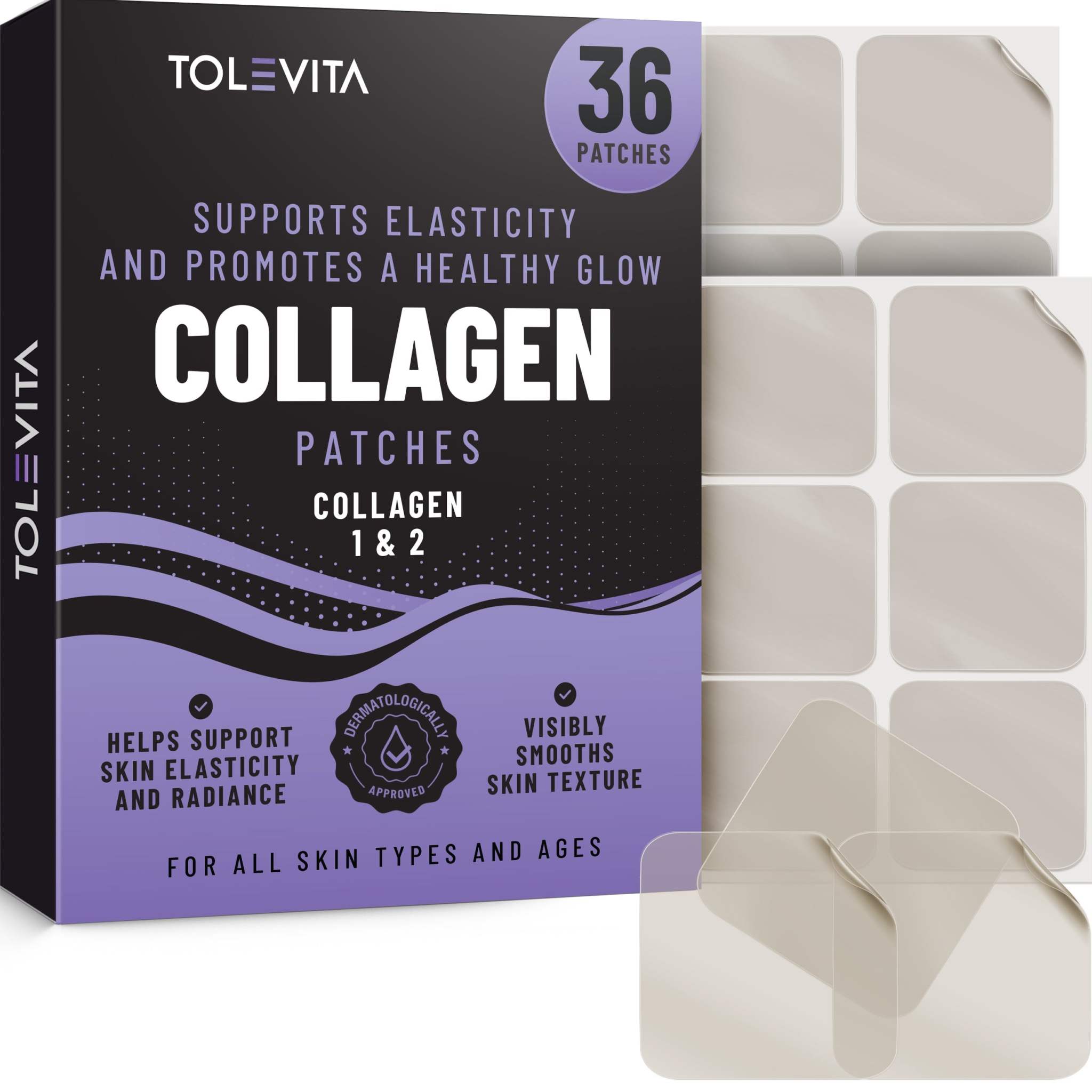 Collagen Patches in a black and purple box with 36 beige adhesive patches, supporting skin elasticity and glow