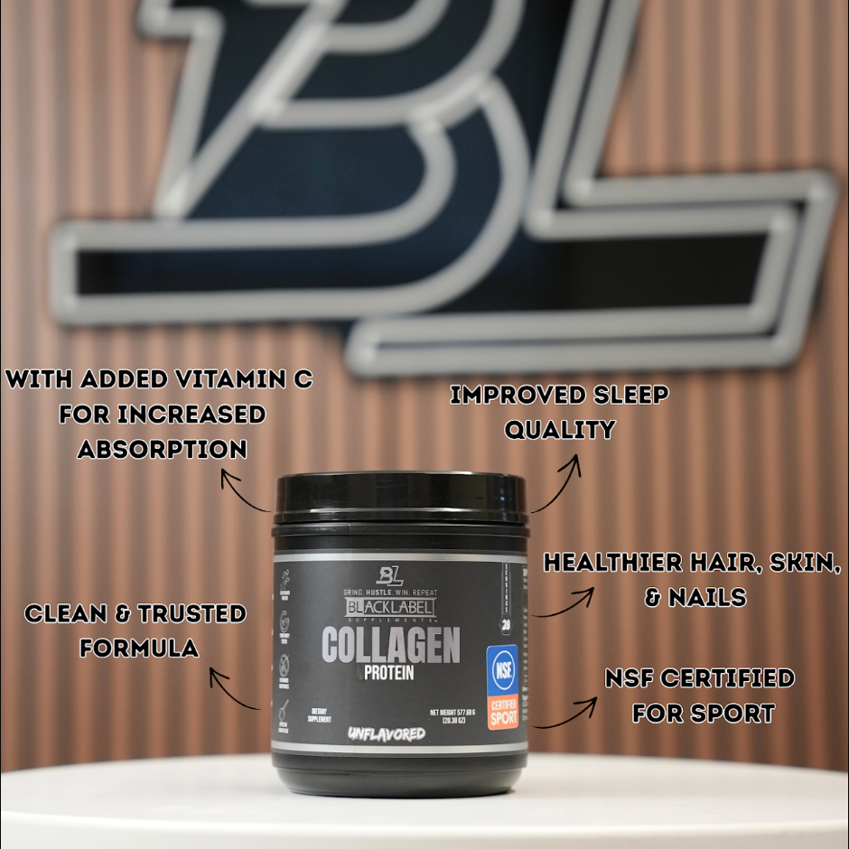 COLLAGEN PROTEIN in a black unflavored supplement tub, with a black lid and label showing NSF Certified for Sport