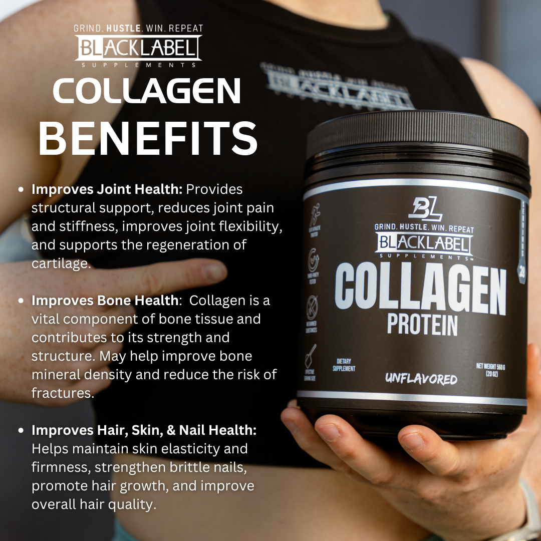 COLLAGEN PROTEIN supplement in a black tub with a black lid, bold white lettering and an unflavored label