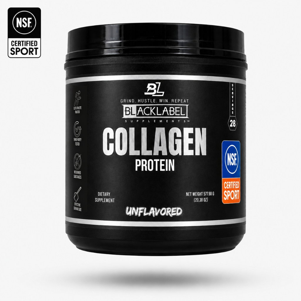COLLAGEN PROTEIN in a black cylindrical supplement tub with bold white lettering, NSF Certified Sport labels and unflavored marking