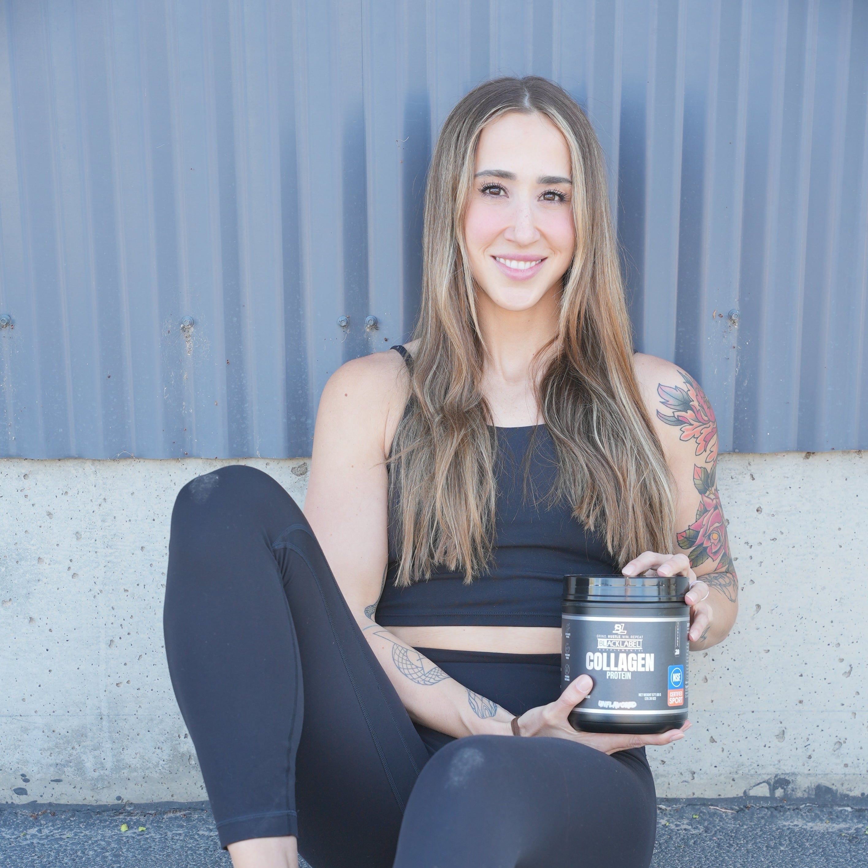 COLLAGEN PROTEIN supplement in a black cylindrical tub with a blue-and-white label and screw-top lid.